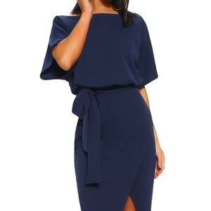 Blue Belted Midi Dress